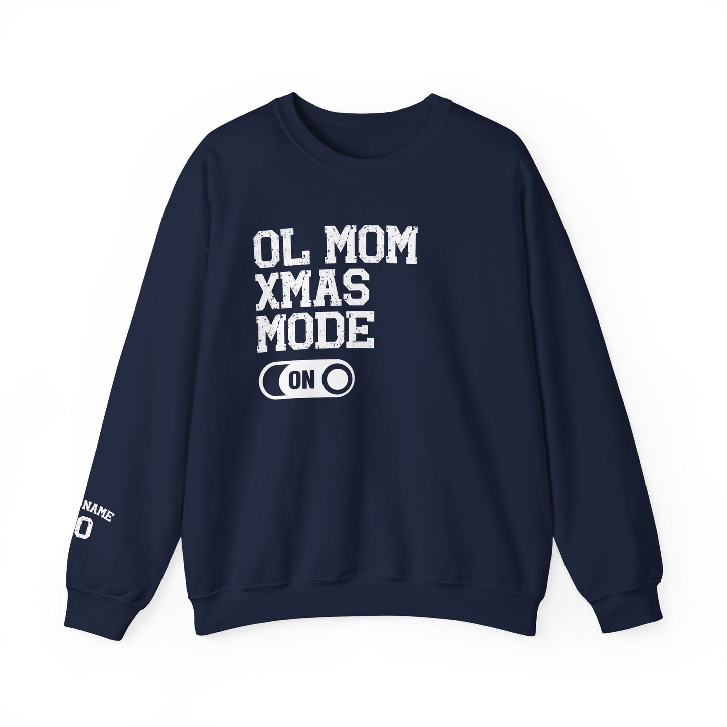 Navy blue sweatshirt with white text on a white background