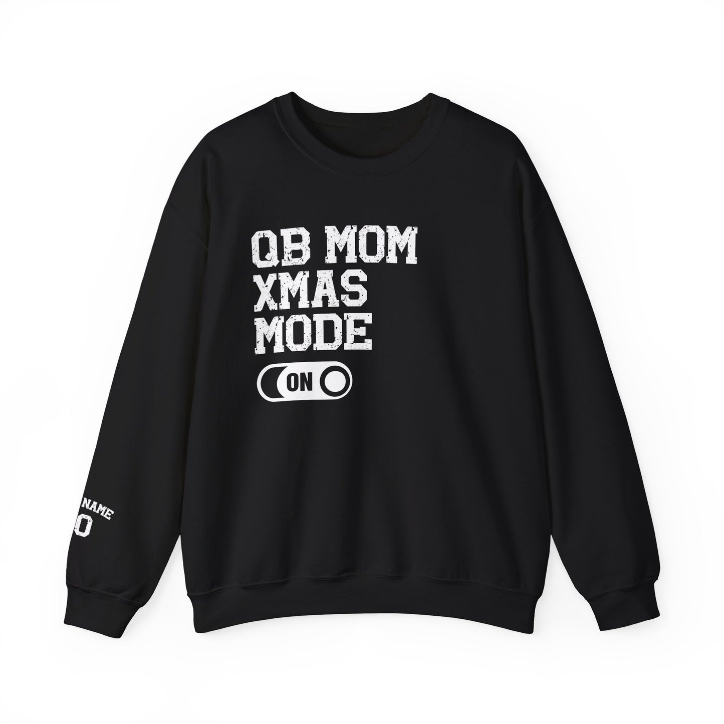 Black sweatshirt with white text on a white background