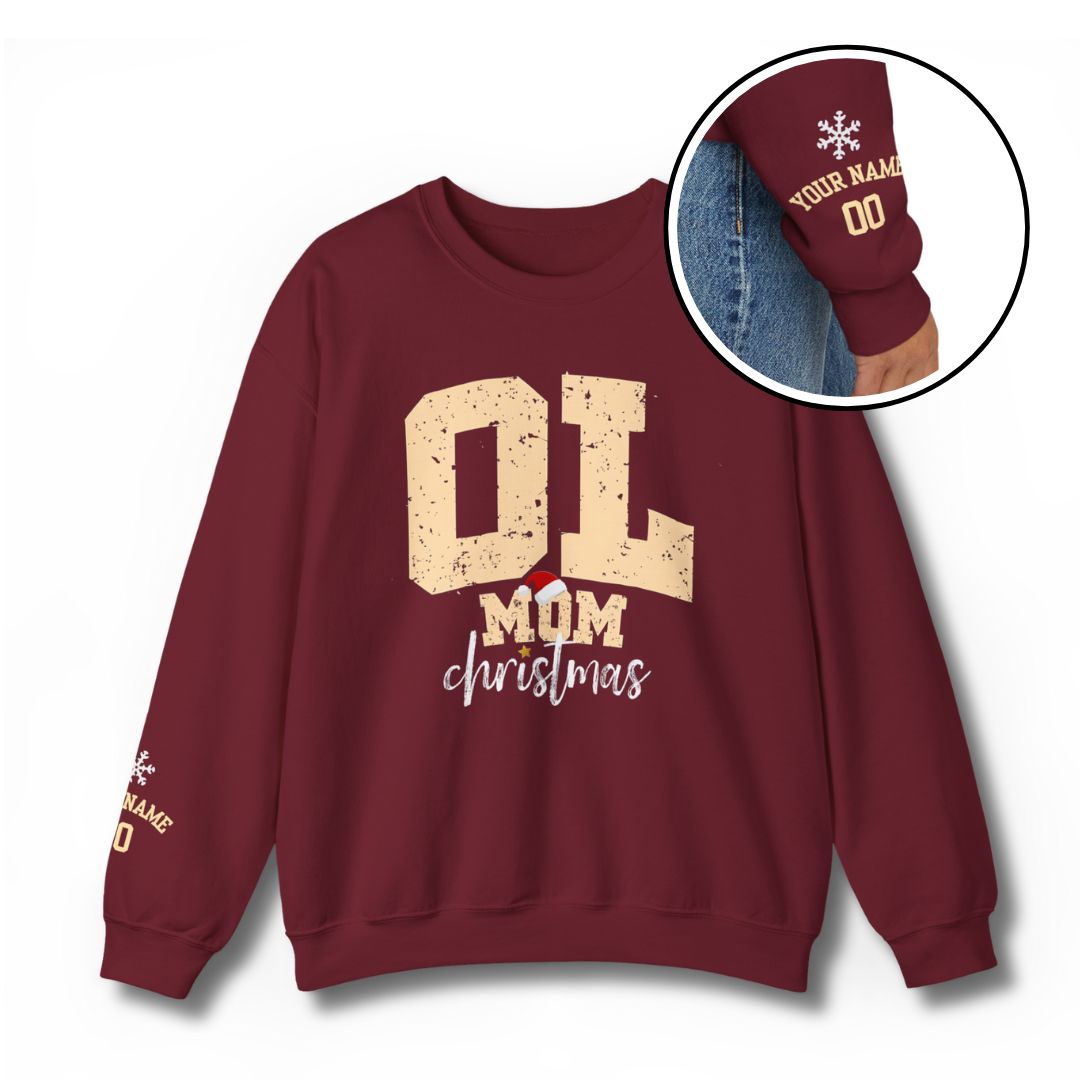 Custom Offensive Line Mom Christmas Sweatshirt with Santa Hat and Snowflake personalized Name and Number - Garnet Red