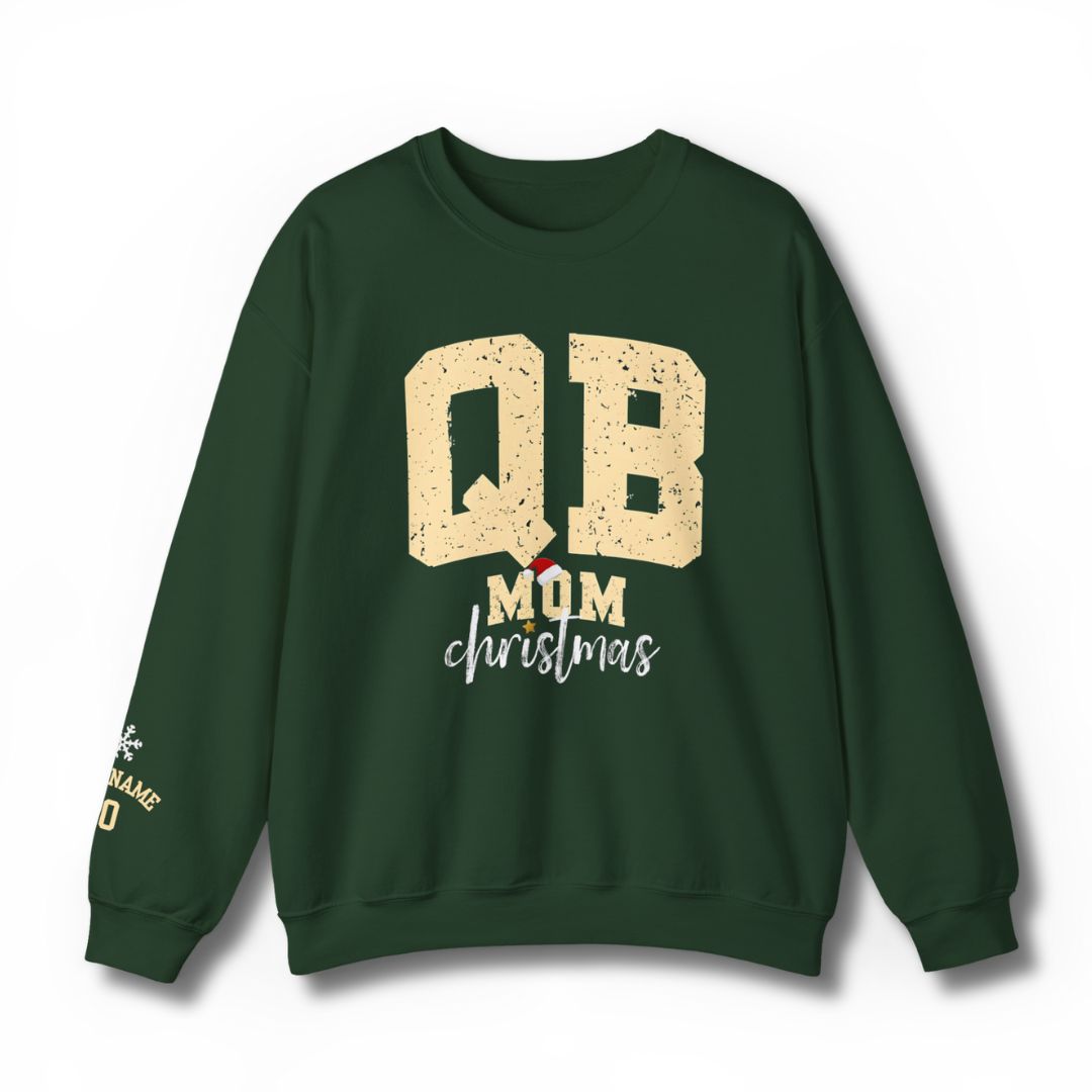 QB Mom Christmas Sweatshirt - Forest Green with Vintage Design