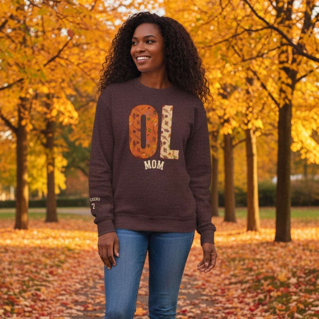 Woman Wearing Maroon OL Mom Sweatshirt with Autumn Leaf Graphics