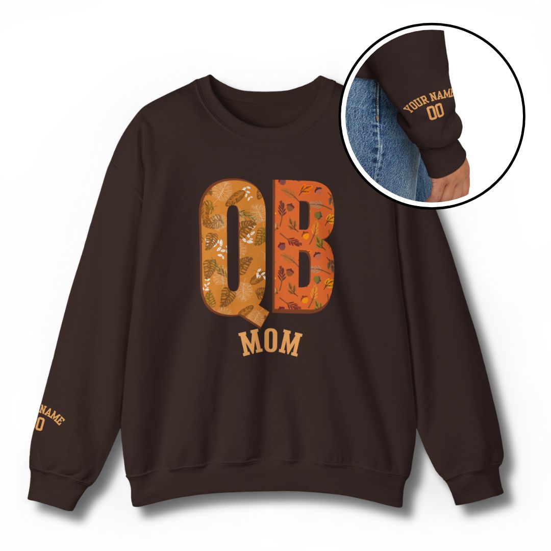 Custom QB Mom Sweatshirt - Black with Autumn Leaf QB Graphics
