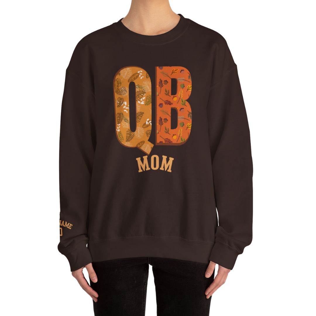 Woman Wearing Black QB Mom Sweatshirt with Personalized Sleeve Detail