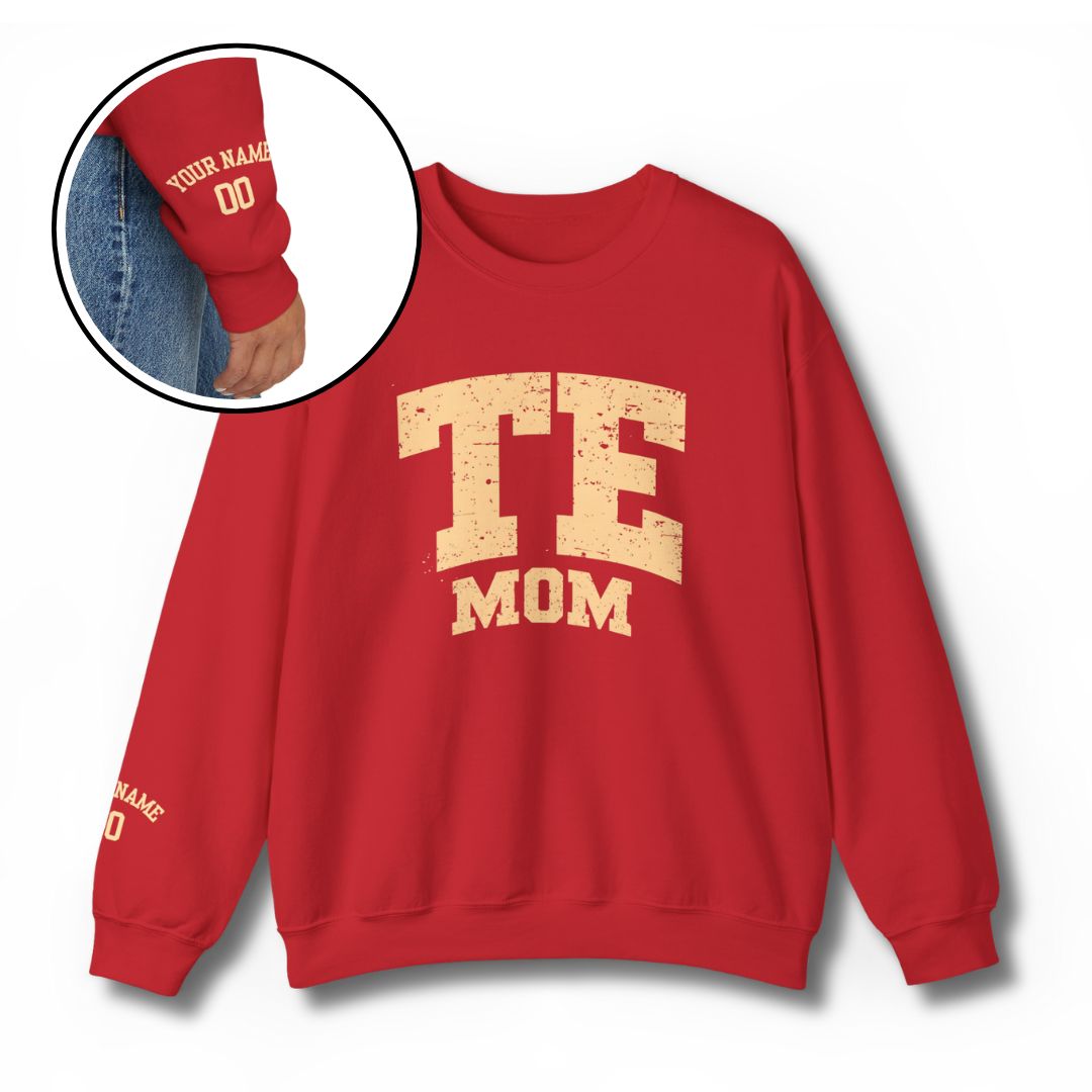 Custom TE Mom sweatshirt with personalized tight end number