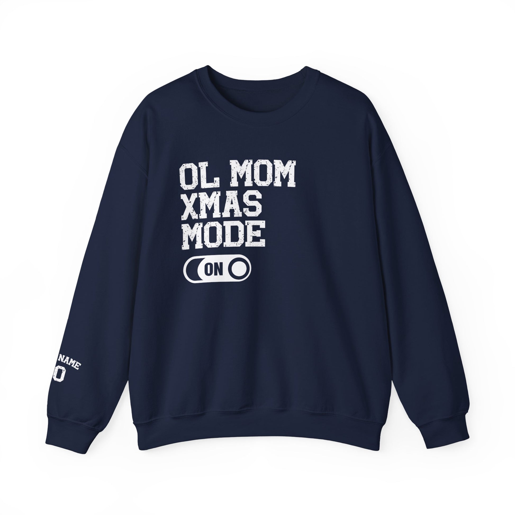 Navy blue sweatshirt with white text on a white background