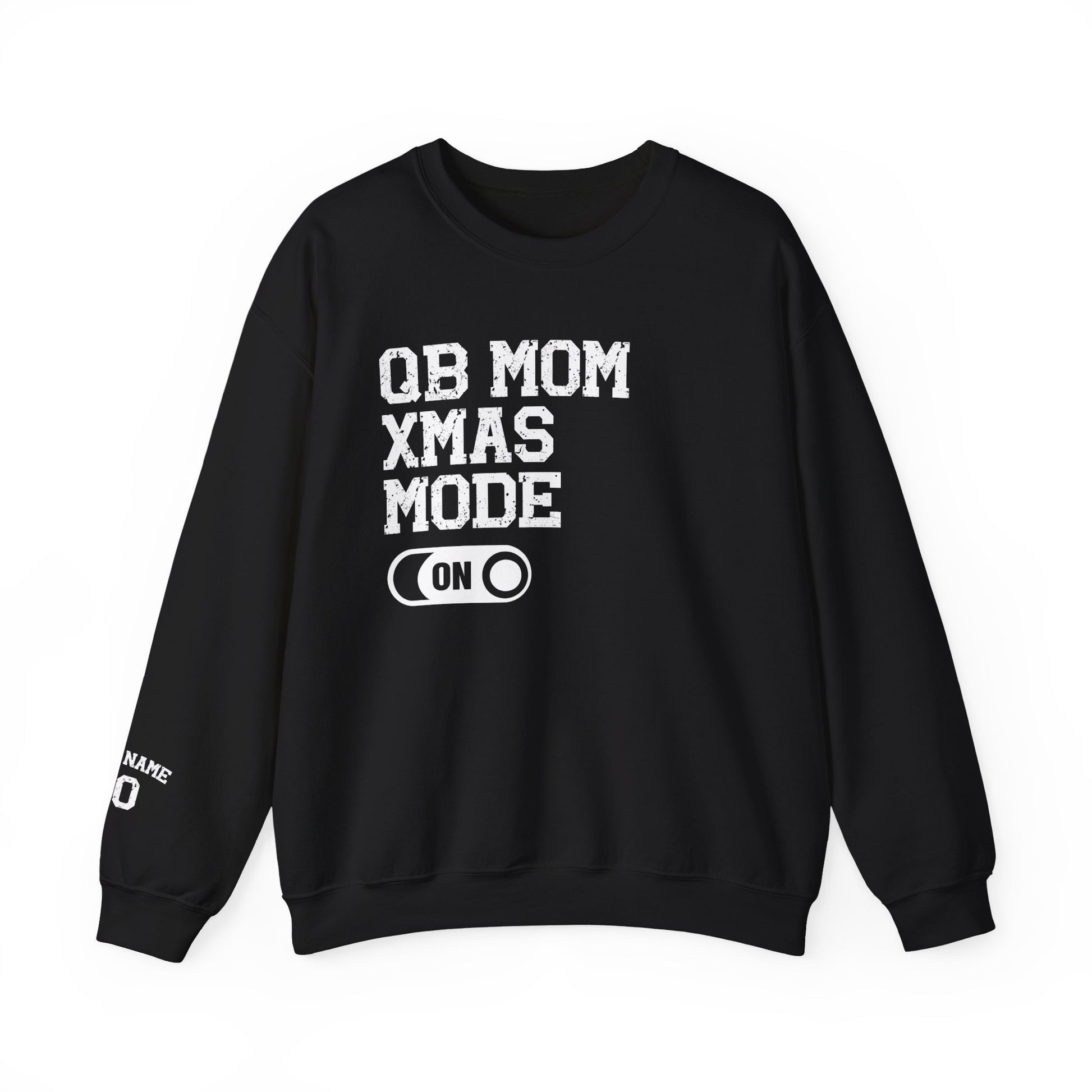 Black sweatshirt with white text on a white background