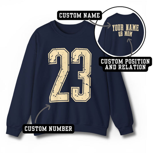 Custom football jersey sweatshirt with personalized name, number and family role
