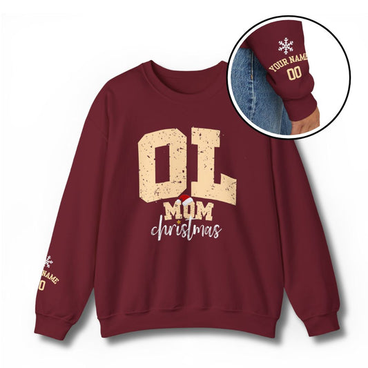 Custom Offensive Line Mom Christmas Sweatshirt with Santa Hat and Snowflake personalized Name and Number - Garnet Red