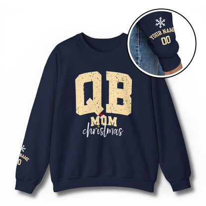 Custom Quarterback Mom Christmas Sweatshirt with Santa Hat - Navy Blue
