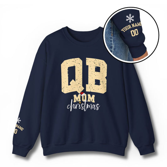 Custom Quarterback Mom Christmas Sweatshirt with Santa Hat - Navy Blue