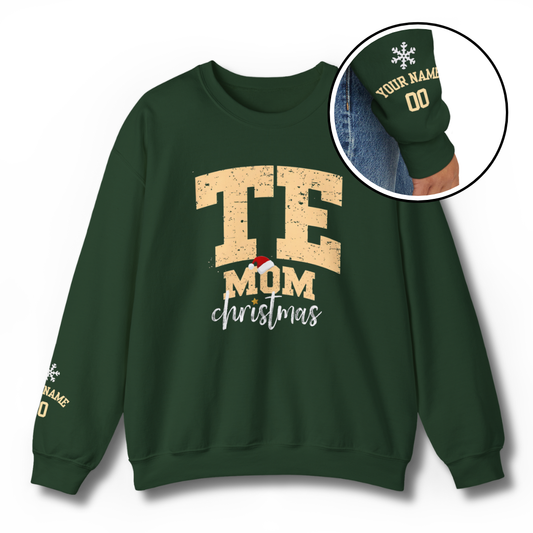 Custom Tight End Mom Christmas Sweatshirt with Santa Hat and Swowflake- Forest Green