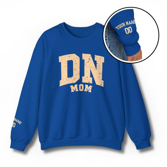 Custom DN Mom Royal Sweatshirt with Distressed Vintage Lettering. Custom Name and Number
