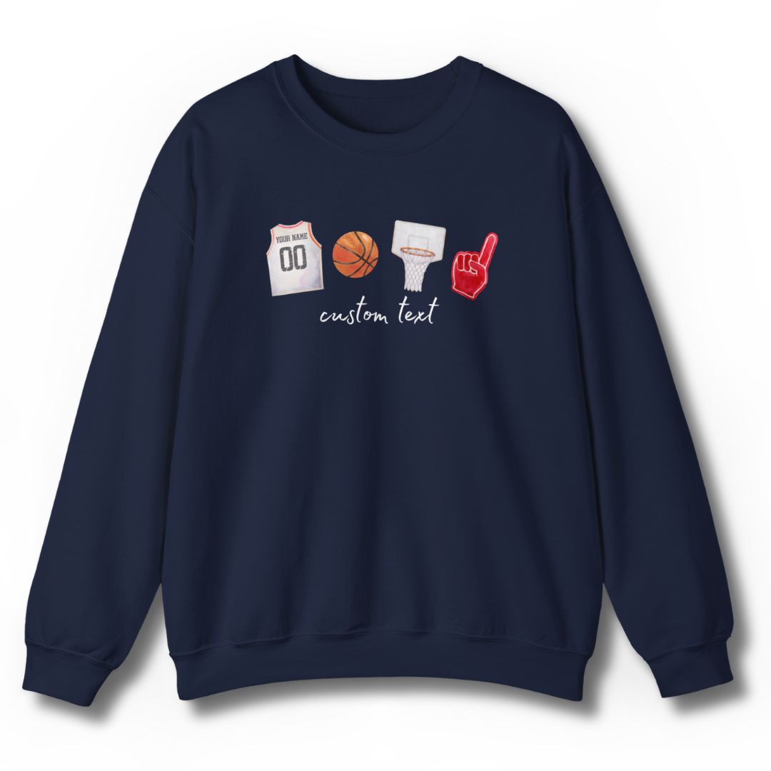 Custom basketball sweatshirt in navy blue with personalized jersey showing YOUR NAME and number 00, basketball, hoop, and foam finger with custom text - perfect for basketball parents and families