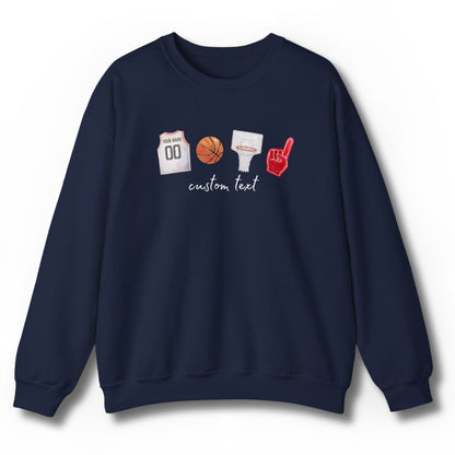 Custom basketball sweatshirt in navy blue with personalized jersey showing YOUR NAME and number 00, basketball, hoop, and foam finger with custom text - perfect for basketball parents and families