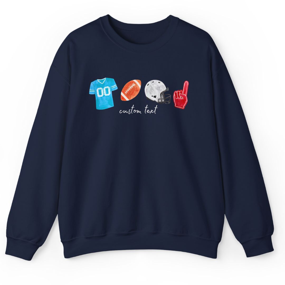 Custom football sweatshirt for football moms with personalized jersey number 68, football, helmet, and foam finger graphics - woman wearing game day apparel at football field holding coffee and football - personalized football parent shirt